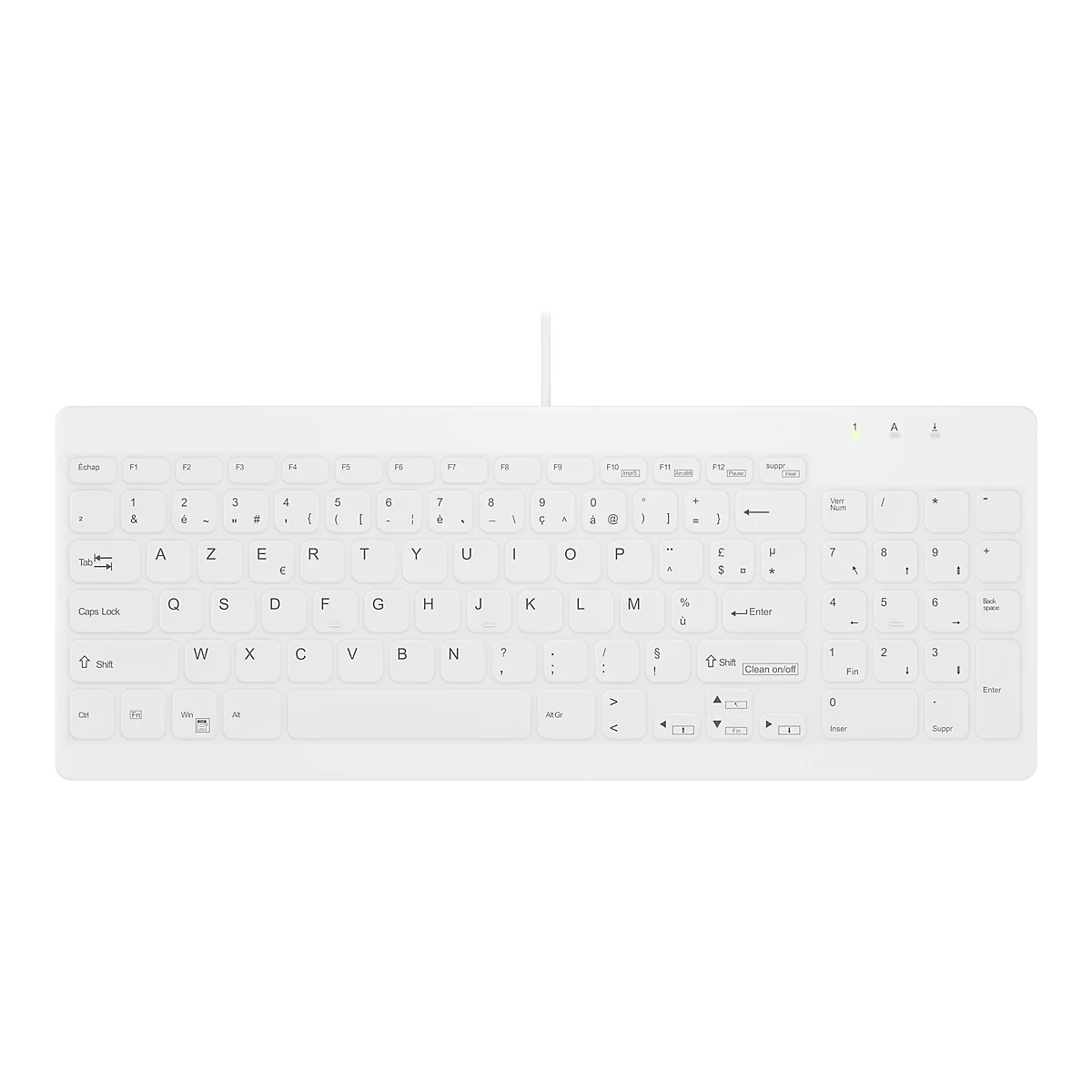 Weiße, kabelgebundene Tastatur mit AZERTY-Layout auf weißem Hintergrund.