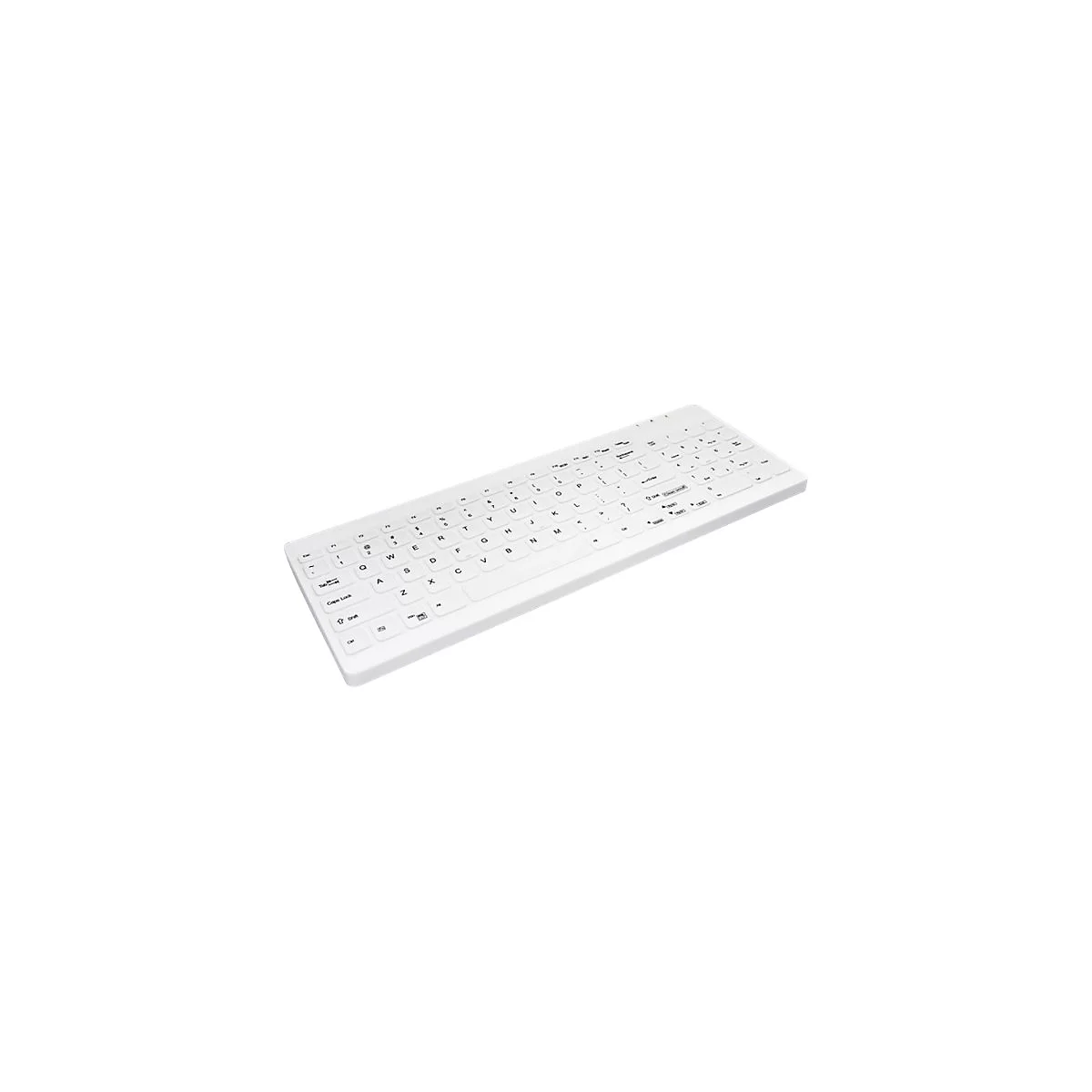 Weisse Computertastatur. Buchstaben und Symbole auf den Tasten in Schwarz. Das Kabel ist nicht sichtbar.