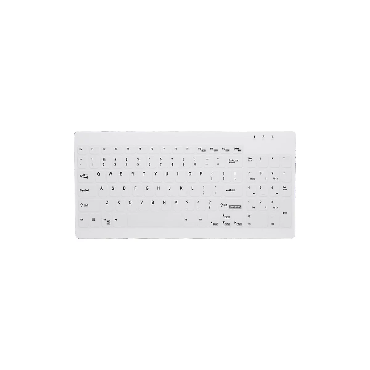 Draufsicht auf eine weiße Tastatur mit schwarzen Tastenbeschriftungen. Deutlich erkennbar sind Buchstaben, Zahlen, Sonderzeichen und Funktionstasten.