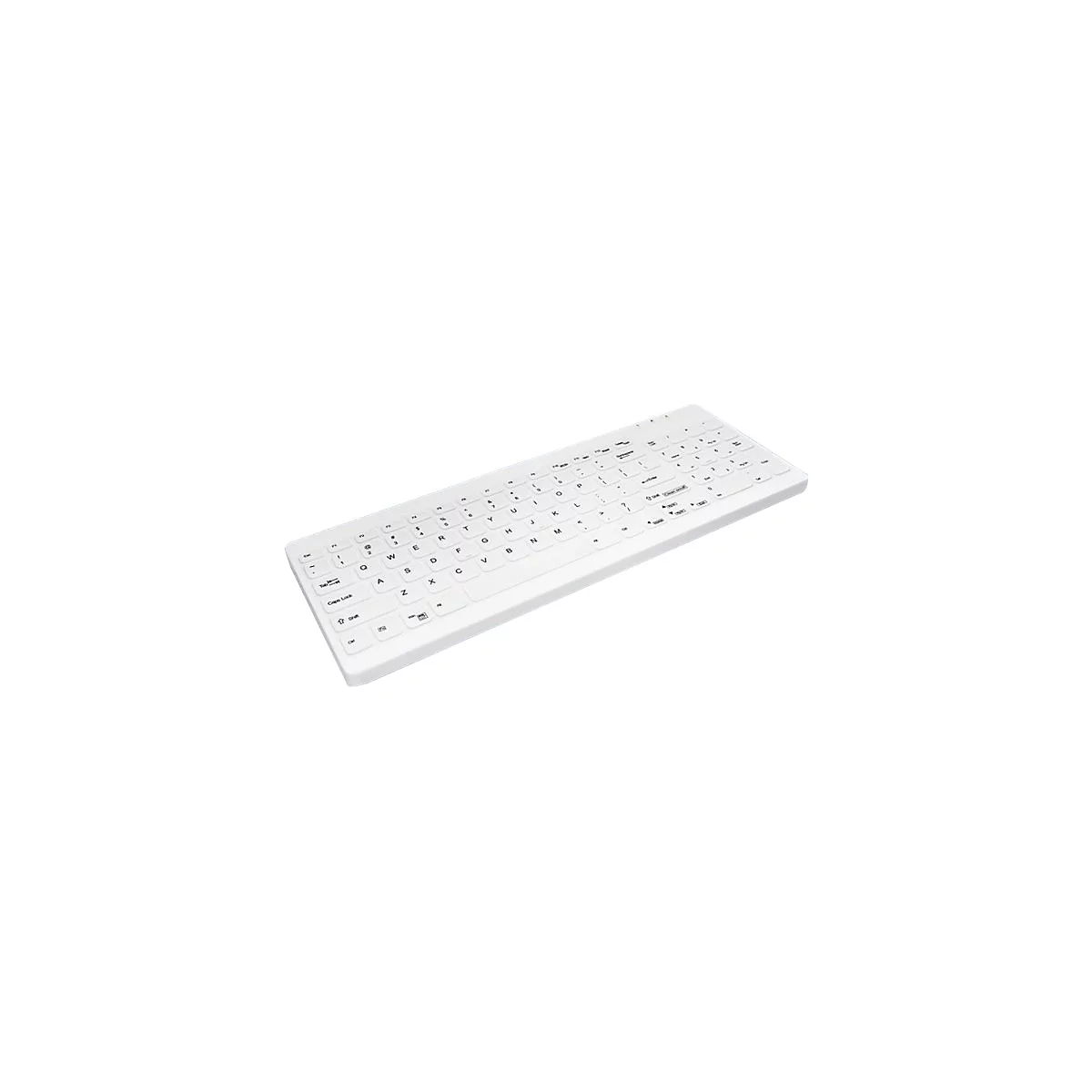 Ein weißes, flaches Keyboard liegt schräg vor hellem Hintergrund. Die Tasten sind beschriftet, Buchstaben in Schwarz.