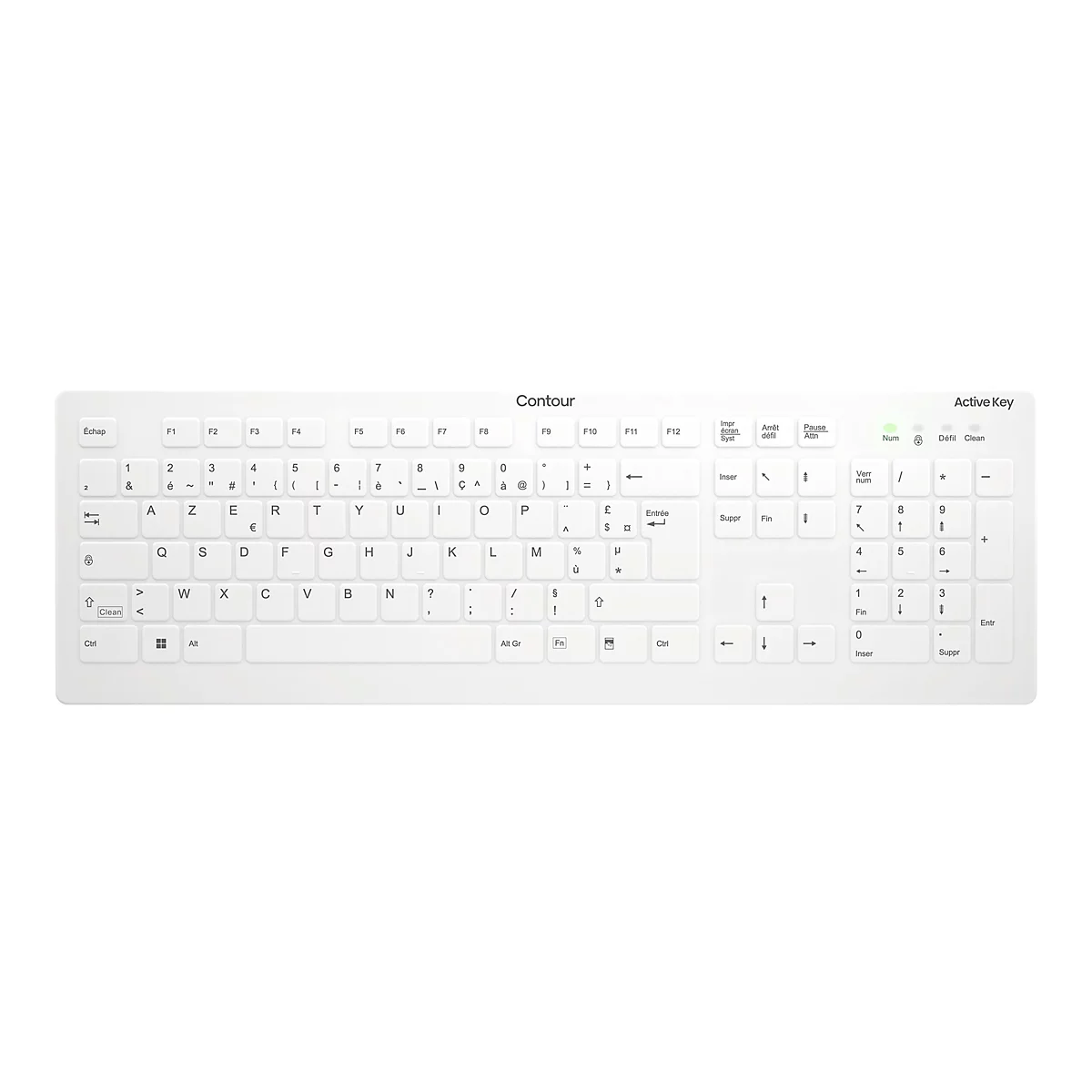 Weiße Contour Active Key Tastatur mit AZERTY-Layout auf hellem Hintergrund.
