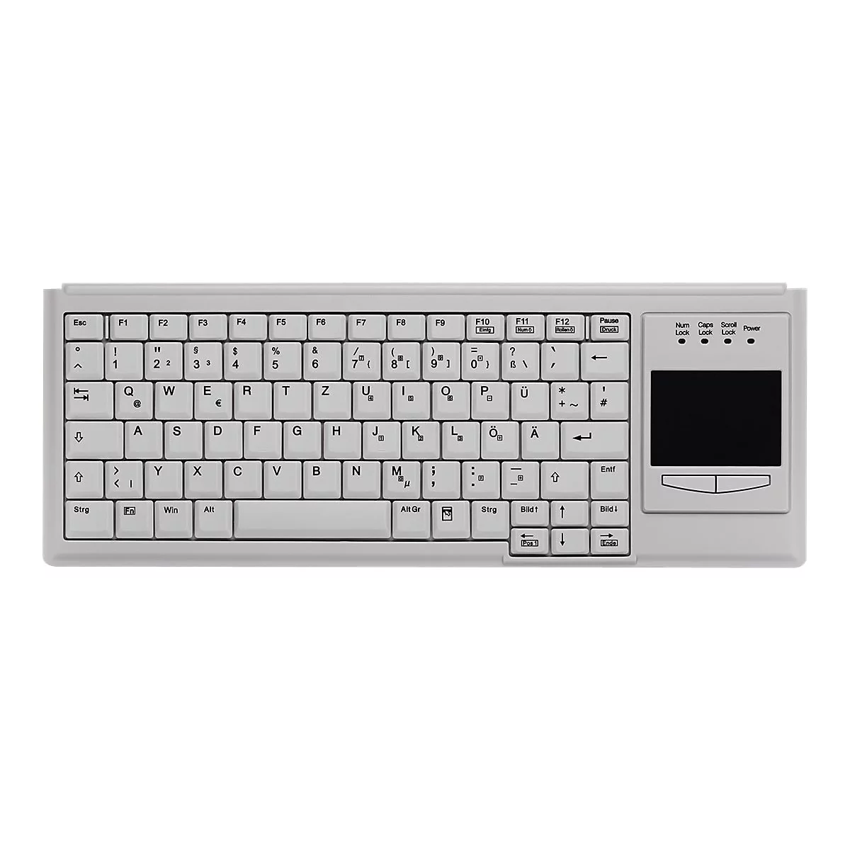 Helle Kompakttastatur mit deutschem QWERTZ-Layout und integriertem Touchpad auf der rechten Seite.