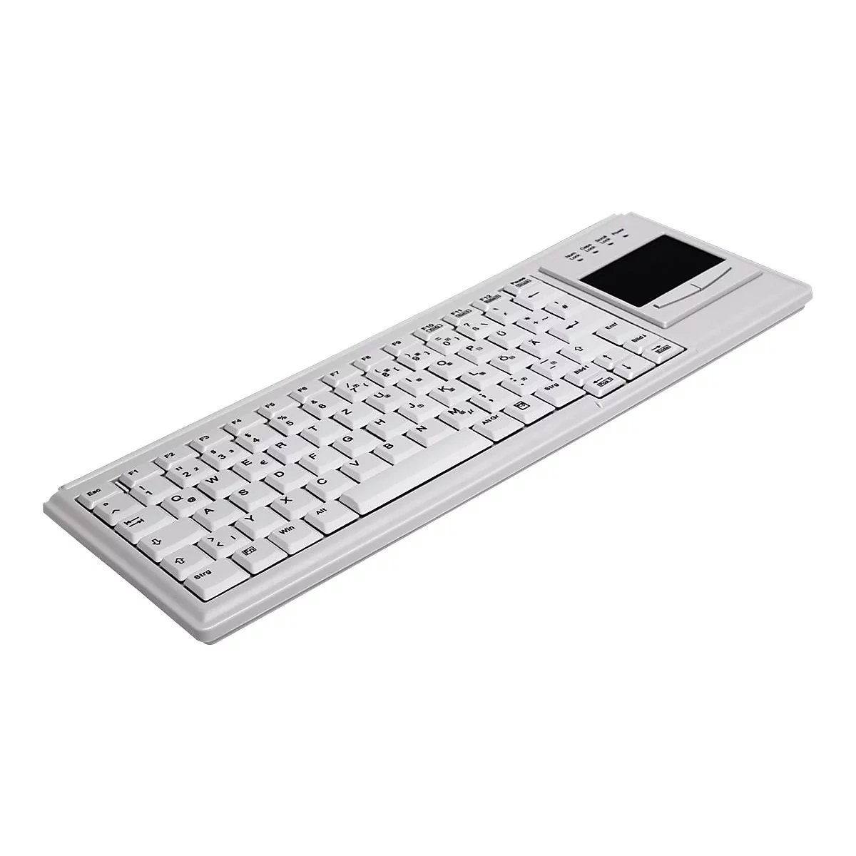 Weiße, flache Kompakt-Tastatur mit integriertem Touchpad auf der rechten Seite vor neutralem Hintergrund.