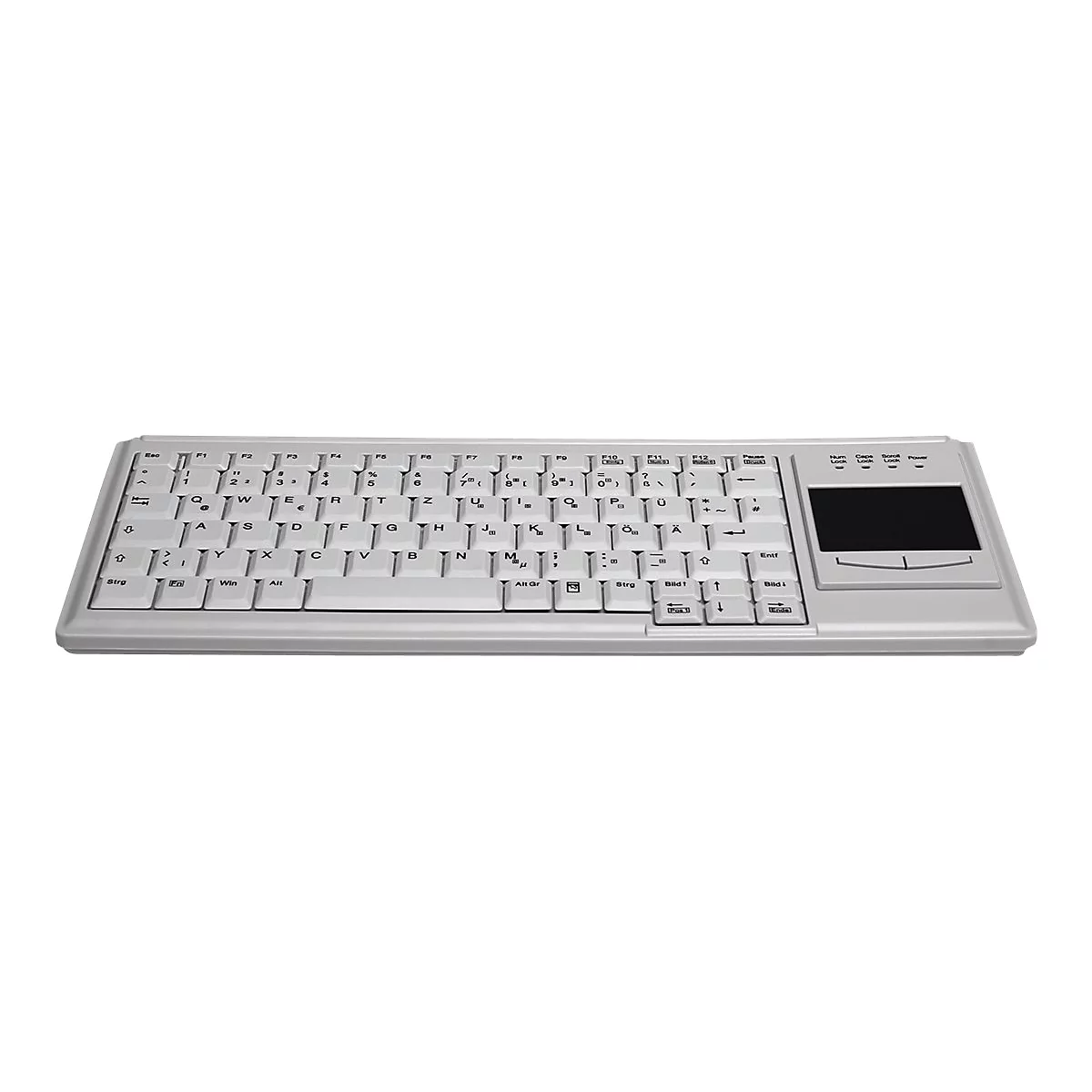 Helle Computertastatur mit deutschem Layout und integriertem Touchpad auf der rechten Seite.