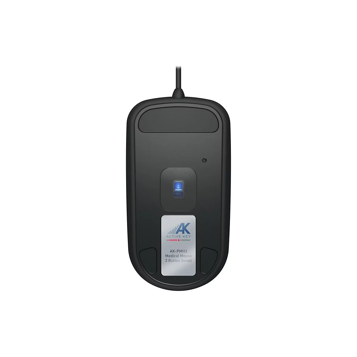 Schwarze Computermaus von unten. Kabelanschluss. Aufkleber mit Logo.