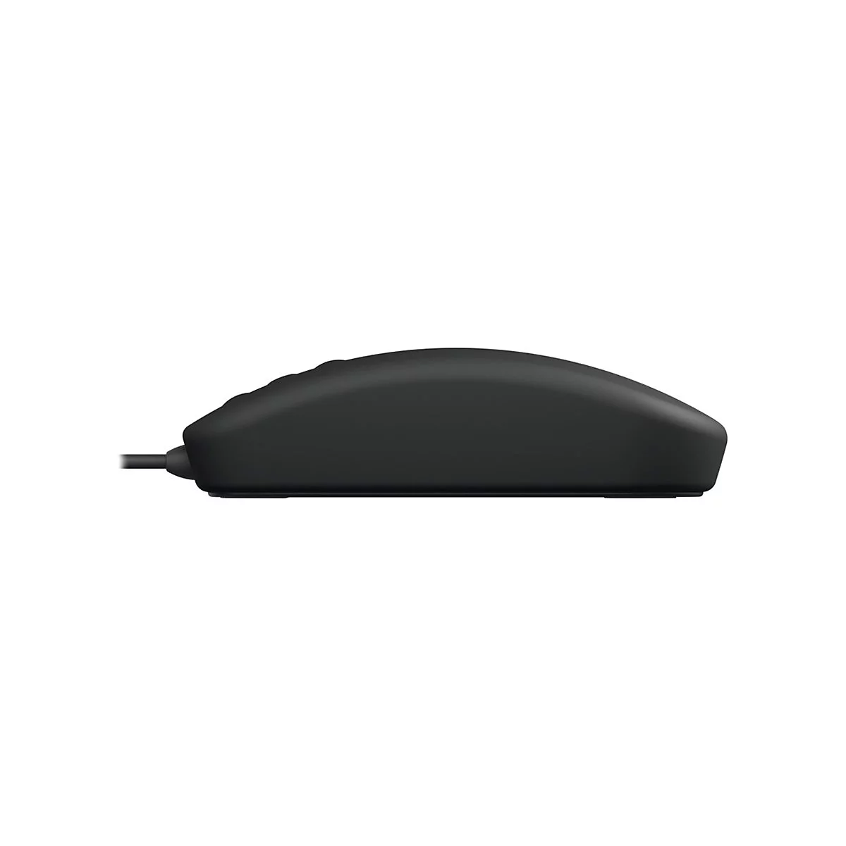 Draufsicht auf eine schwarze Computermaus mit Kabel, vor weiÃŸem Hintergrund.