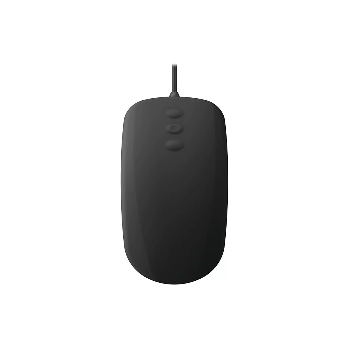 Schwarze Maus mit drei KnÃ¶pfen und Kabel, vor weiÃŸem Hintergrund.