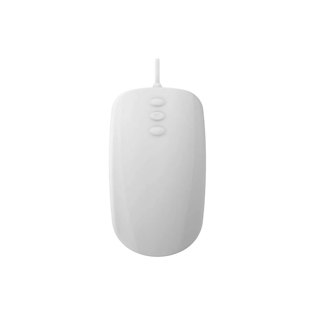 Eine weiÃŸe Computermaus mit drei KnÃ¶pfen, die von oben fotografiert wurde, Kabel nach oben.