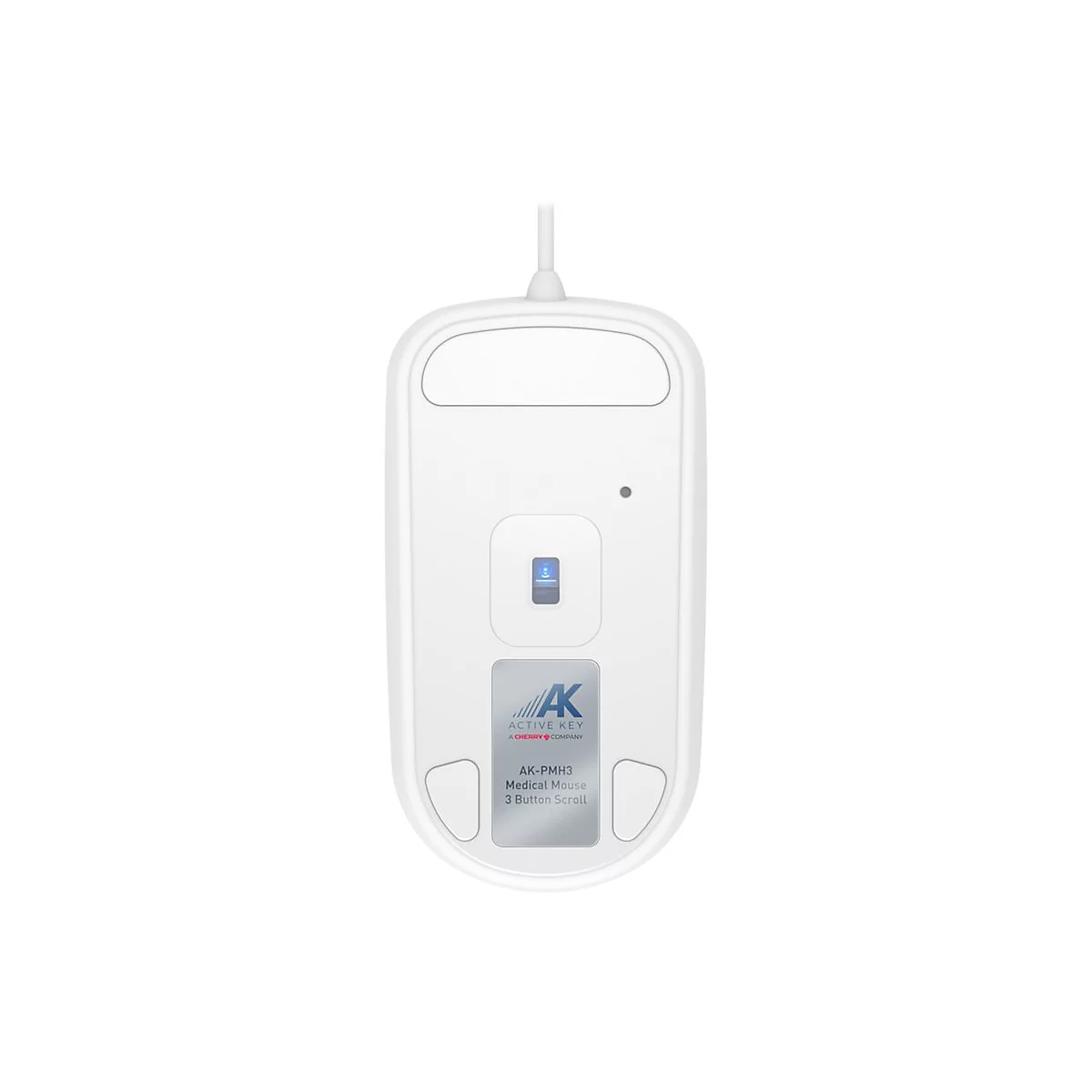 WeiÃŸe Computermaus von unten. Aufkleber mit Schriftzug: AK Medical Mouse.