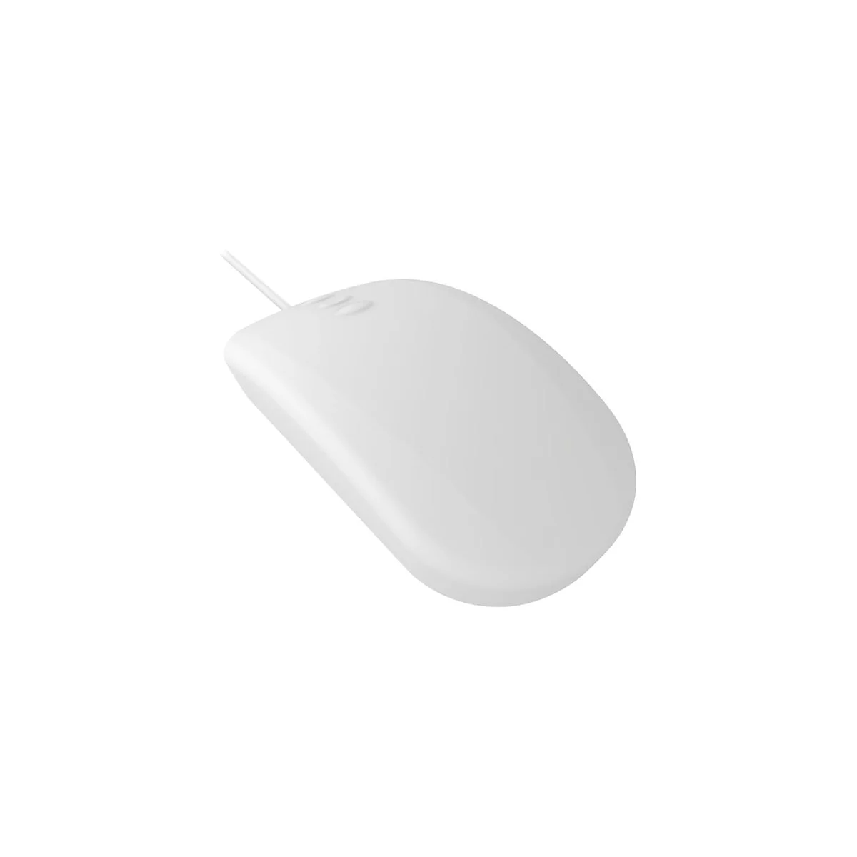 Eine weiÃŸe Computermaus mit Kabel auf weiÃŸem Hintergrund. Auf der Maus ist ein dezentes Logo zu sehen.