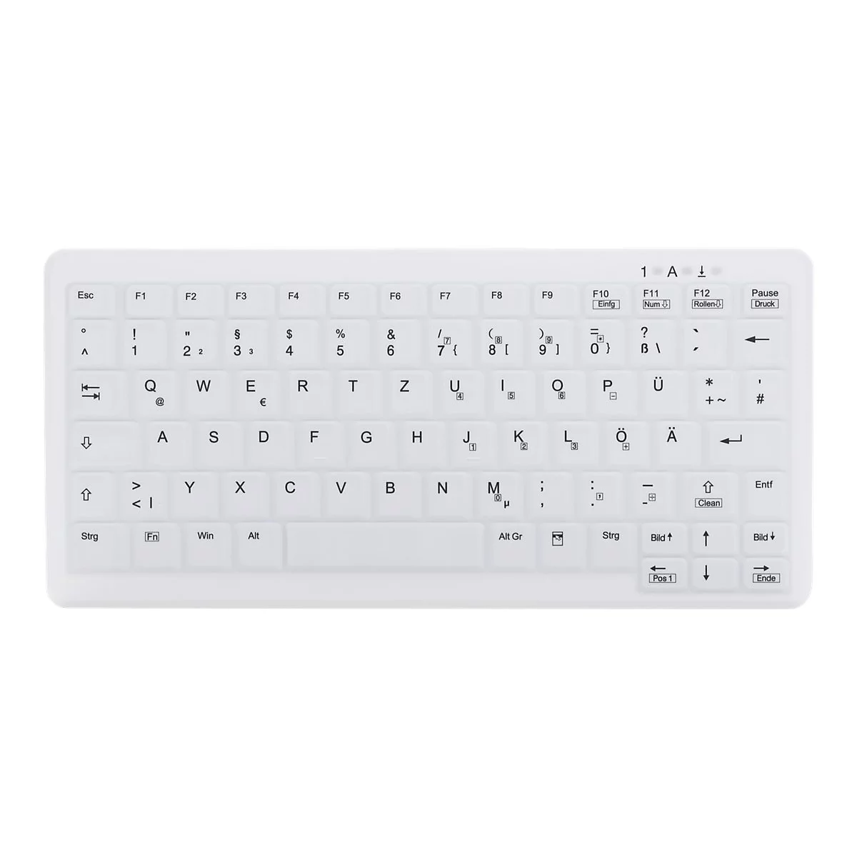 Weiße Silikon-Tastatur mit deutschem QWERTZ-Layout auf weißem Hintergrund.