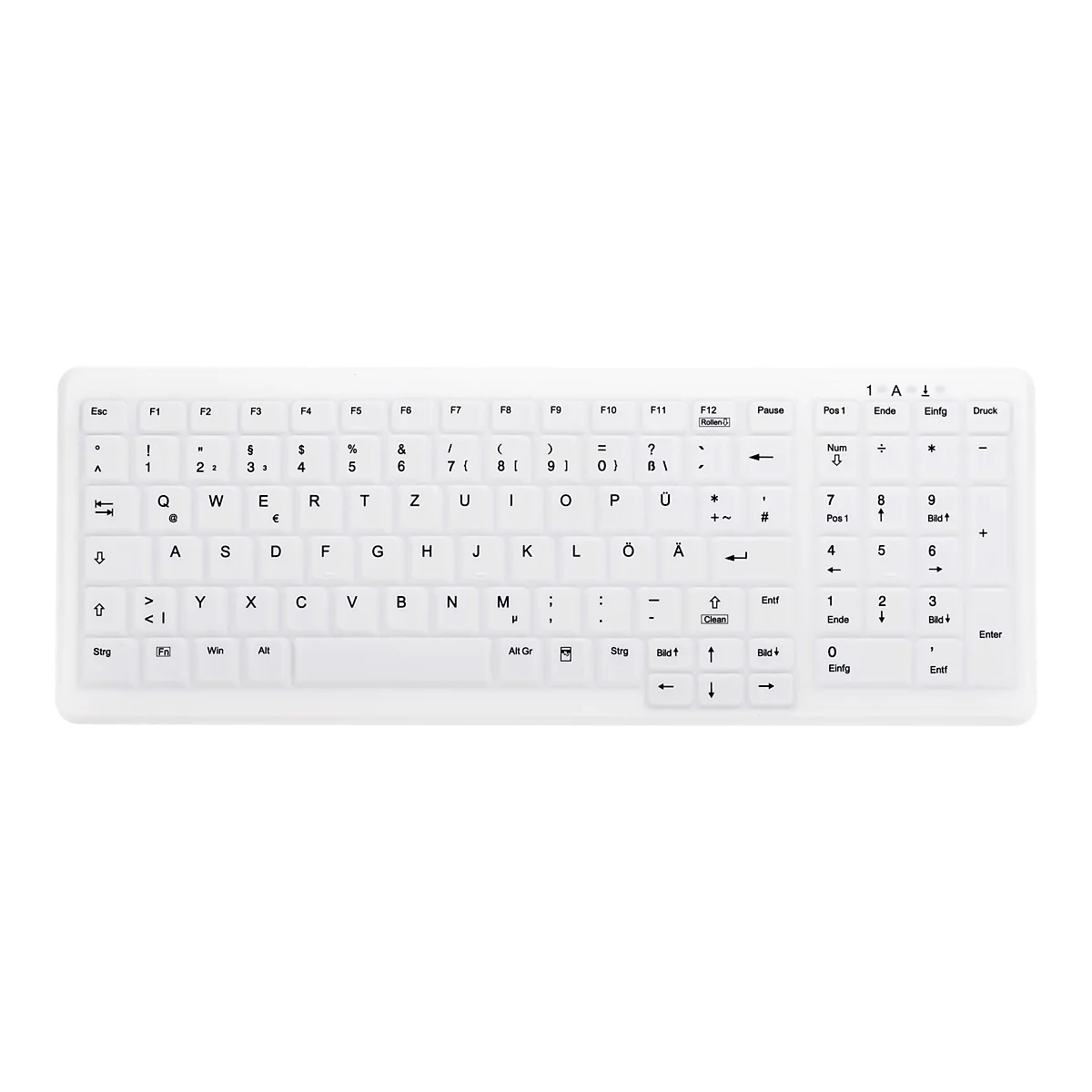 Weiße, wasserdichte Silikontastatur mit deutschem QWERTZ-Layout und Ziffernblock auf weißem Hintergrund.
