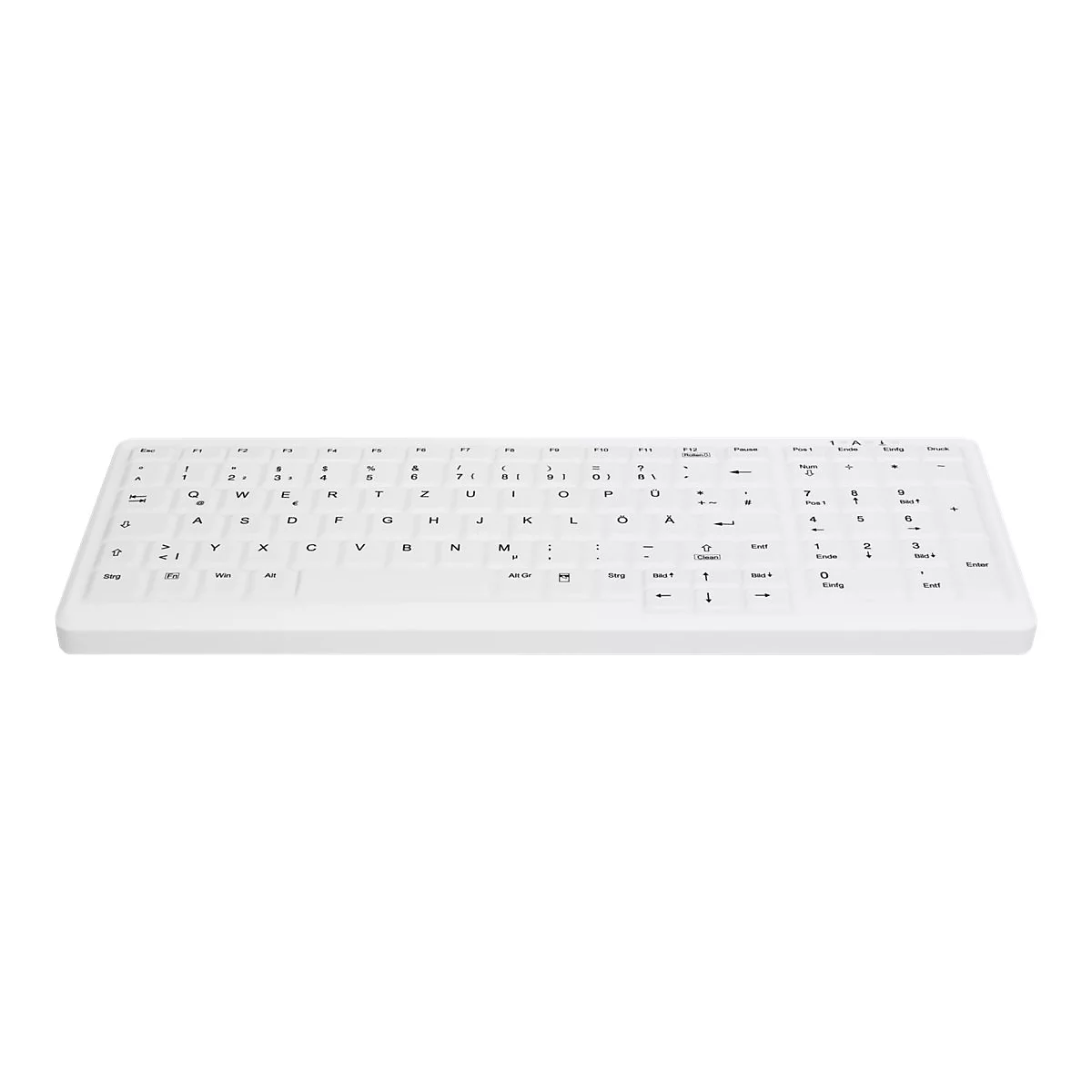 Weiße, flache PC-Tastatur mit deutschem Layout auf weißem Hintergrund.