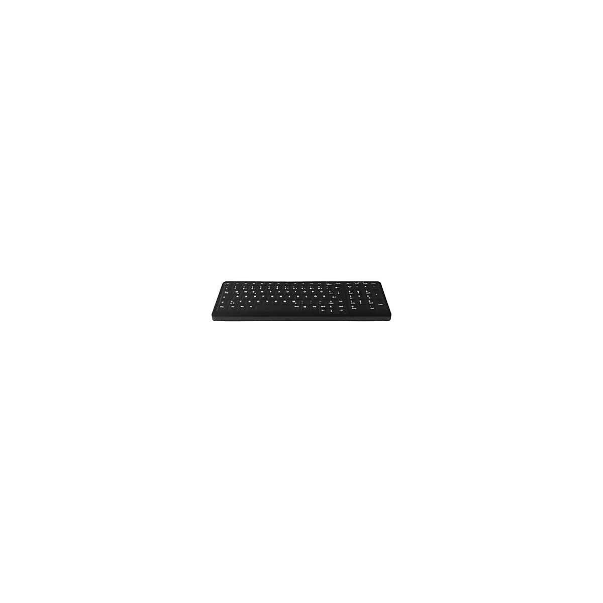 Schwarze Computertastatur mit weißer Beschriftung in einer seitlichen Draufsicht.