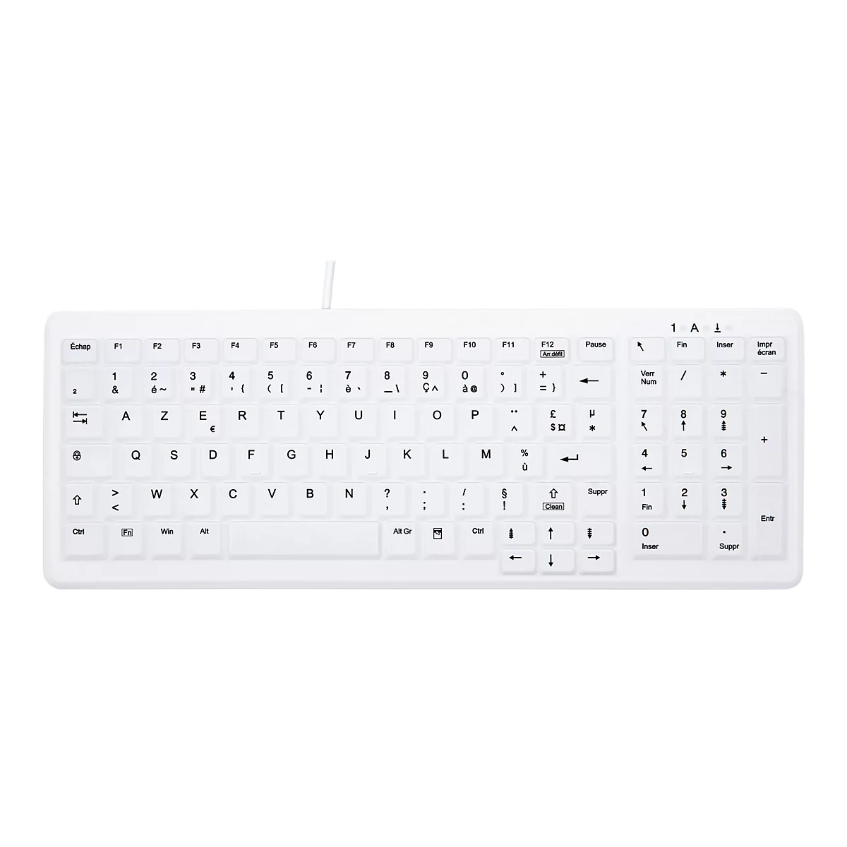 Weisse Tastatur mit französischen Layout auf weißem Hintergrund. Die Tasten sind beschriftet.