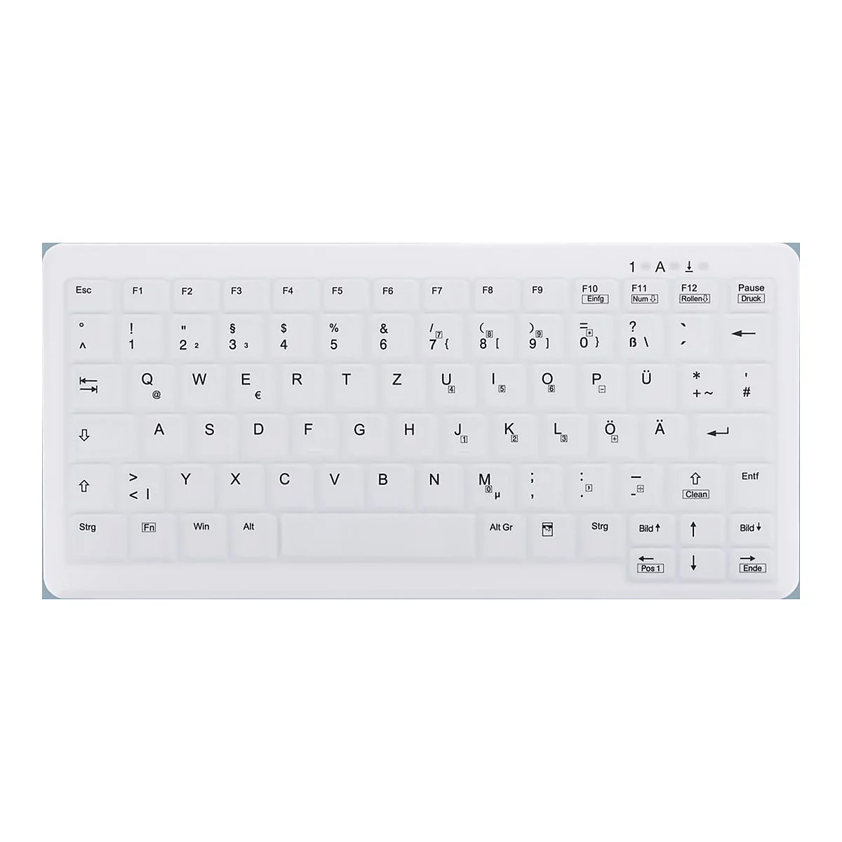 Weiße, flache Silikon-Tastatur mit deutschem QWERTZ-Layout auf weißem Hintergrund.