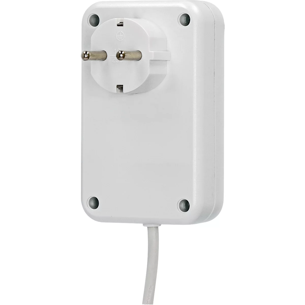Adaptateur blanc avec prise euro et quatre vis. Un câble en bas.