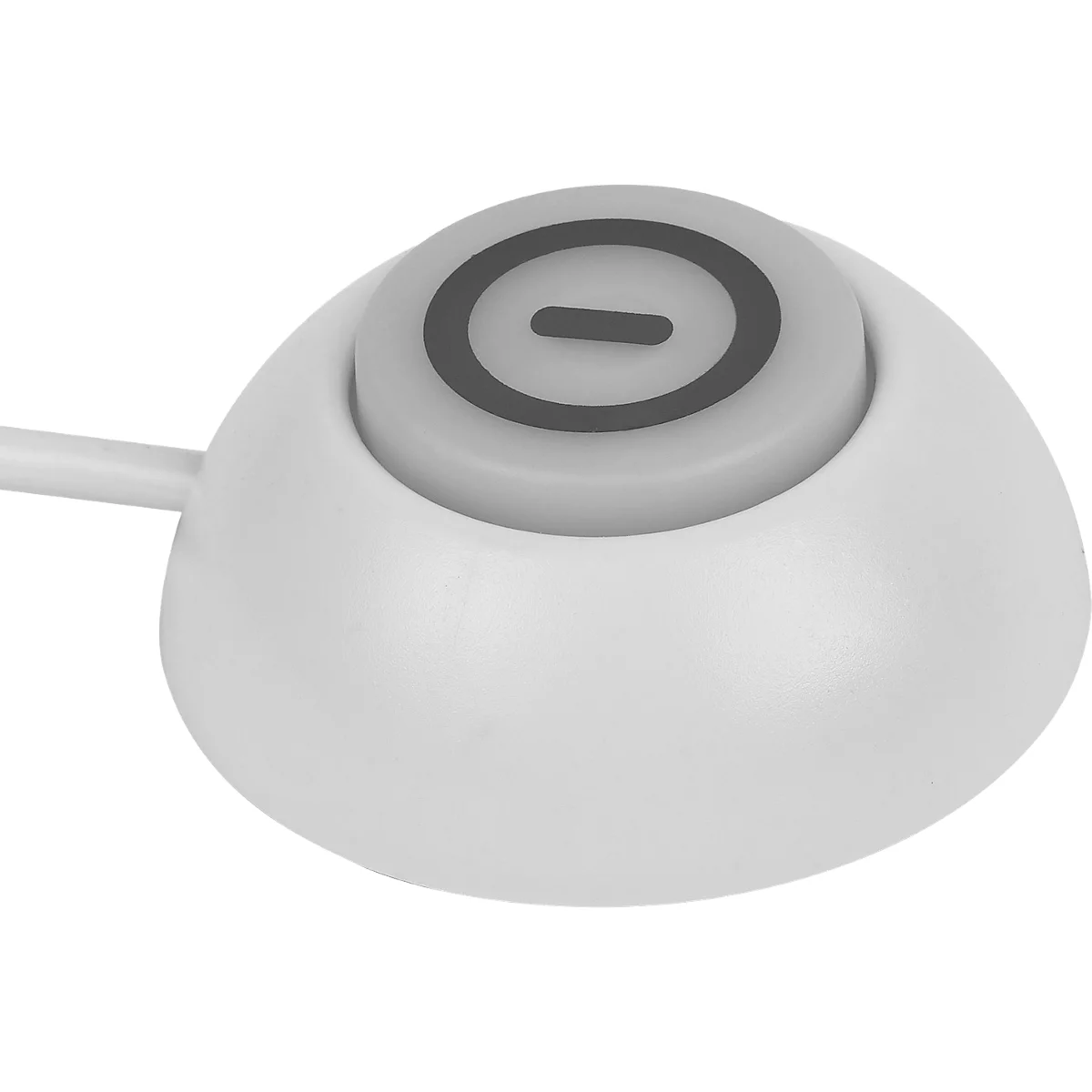 Bouton blanc avec centre gris et un signe moins dans un cercle noir. Un câble blanc est attaché.