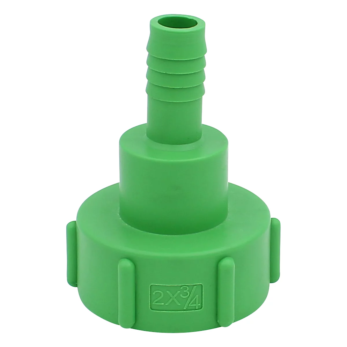 Adaptateur en plastique vert, composé d'un tube fin, d'une partie centrale plus large et d'un filetage étroit. Inscription : 2X3/4.