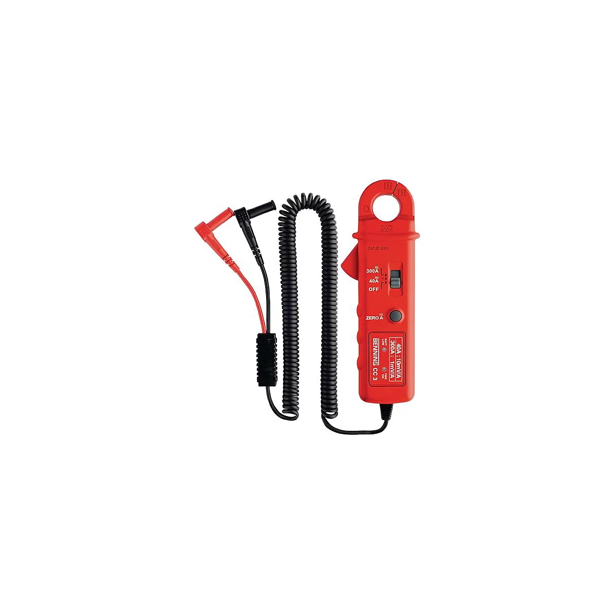 Pince ampèremétrique rouge avec câble noir et pointes de touche. Échelles et un interrupteur sur l'appareil.