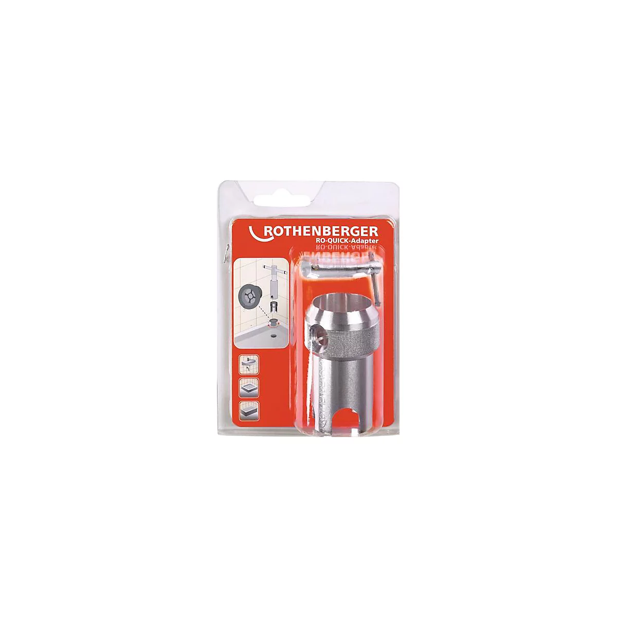 Een RO-QUICK adapter van Rothenberger. Het product is afgebeeld op een rood-oranje kaart in een transparante plastic verpakking.