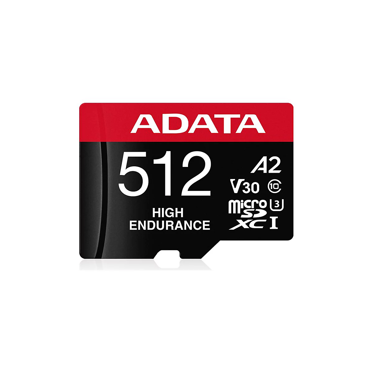 ADATA 512 GB High Endurance microSDXC Speicherkarte mit rotem Logo-Bereich auf schwarzem Hintergrund.