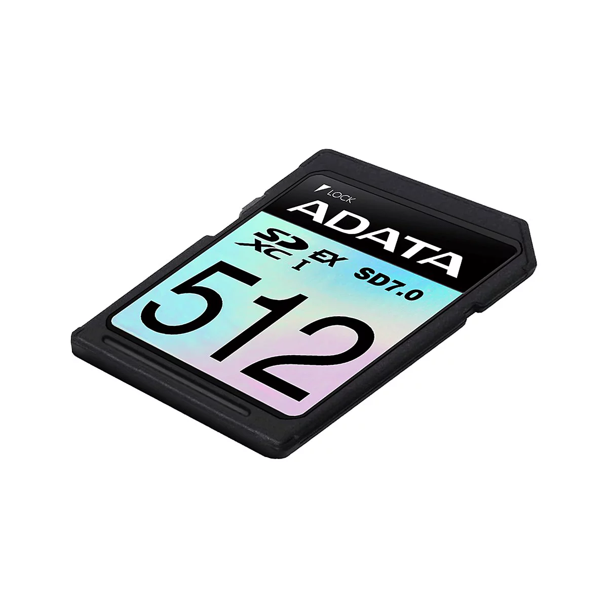 Schwarze SD-Karte mit dem Logo 'ADATA' und der Aufschrift '512' in Großbuchstaben. Aufschrift 'SD7.0' und 'XC I'.