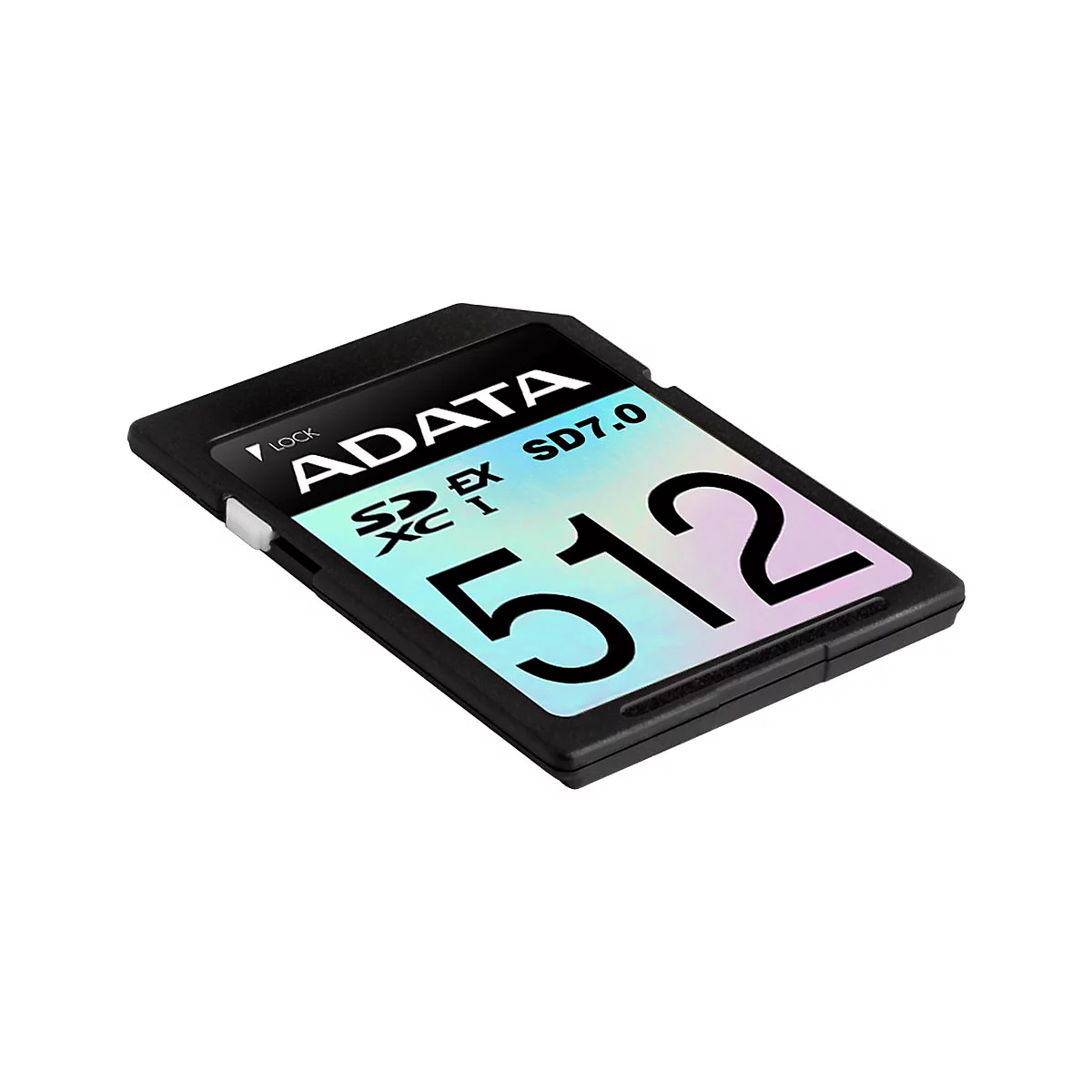 Schwarze SD-Karte mit ADATA-Logo und '512' in Großbuchstaben. 'SD7.0' und 'XC I' sind auch sichtbar.