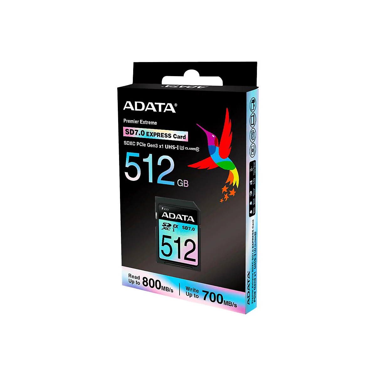Eine SD-Karte in einer schwarzen Verpackung, die die Marke ADATA und die Speicherkapazität von 512 GB zeigt. Aufgedruckt sind Datenraten von bis zu 800 MB/s Lesen und 700 MB/s Schreiben.