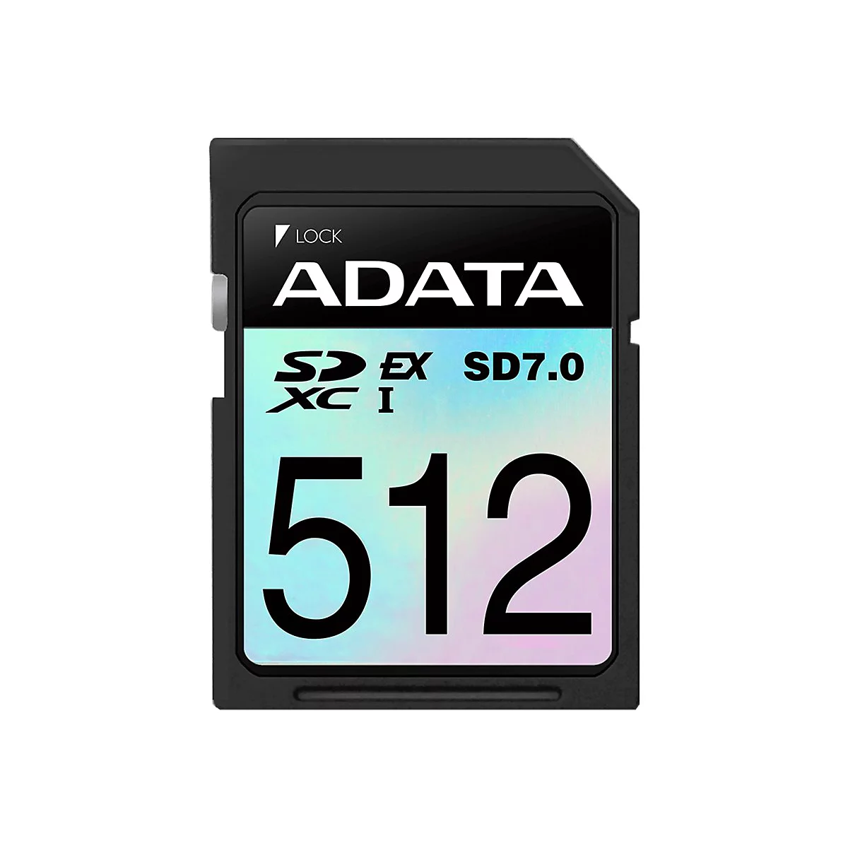 Schwarze SD-Karte mit weißem "ADATA"-Schriftzug, darunter "512" und SD-Kartensymbole.