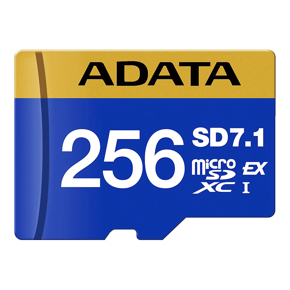 ADATA microSDXC Karte, 256 GB, gold-blaues Design mit Marken- und Spezifikationsaufdruck.