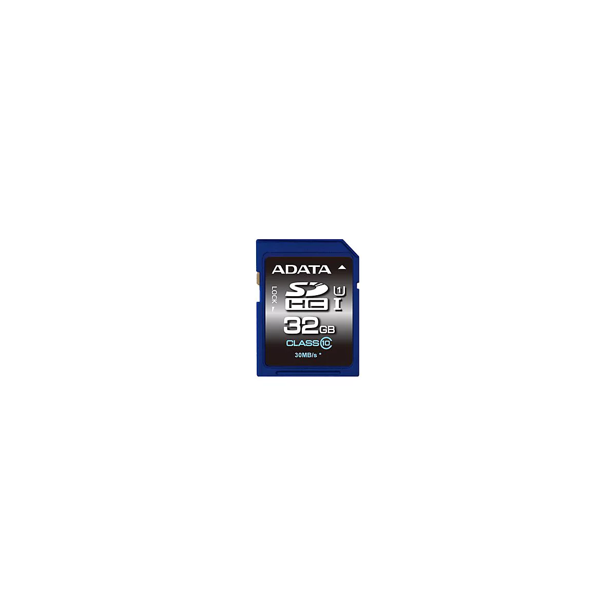 Blaue SD-Karte mit "ADATA", "32GB" und anderen Spezifikationen.