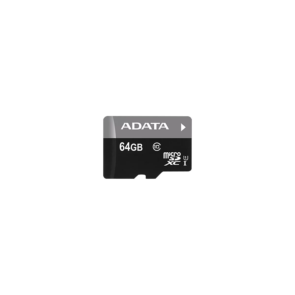 Schwarze ADATA microSDXC-Speicherkarte mit 64 GB Kapazität und Class 10 Zertifizierung.