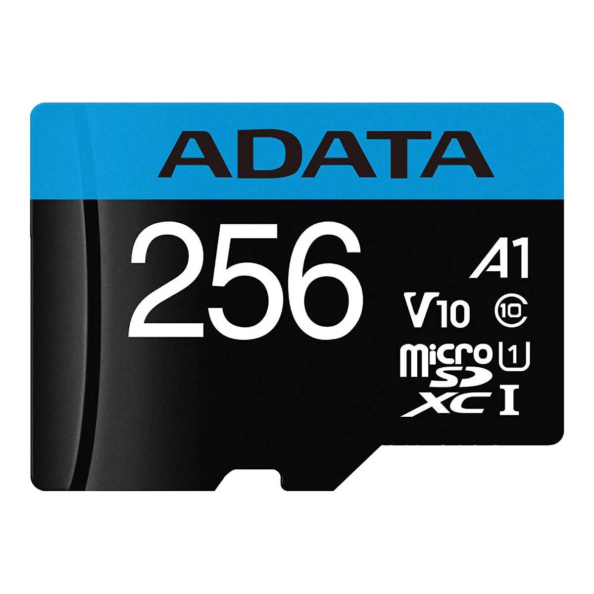 ADATA 256GB microSDXC-Speicherkarte mit blauem Logo-Bereich und technischer Beschriftung auf schwarzem Grund.