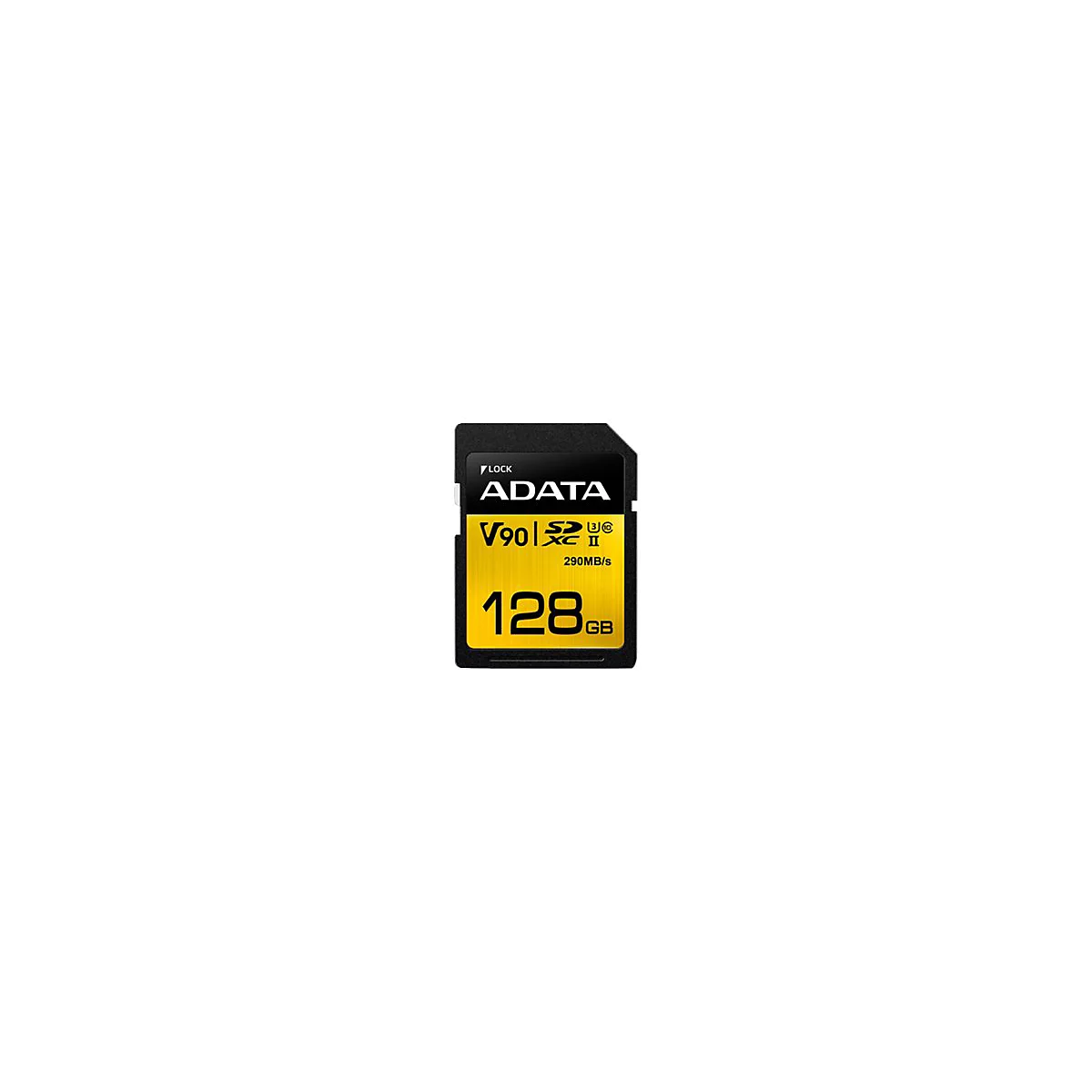 Schwarze SD-Karte mit gelbem Aufdruck. Beschriftung: ADATA, V90, 128 GB und 290MB/s.