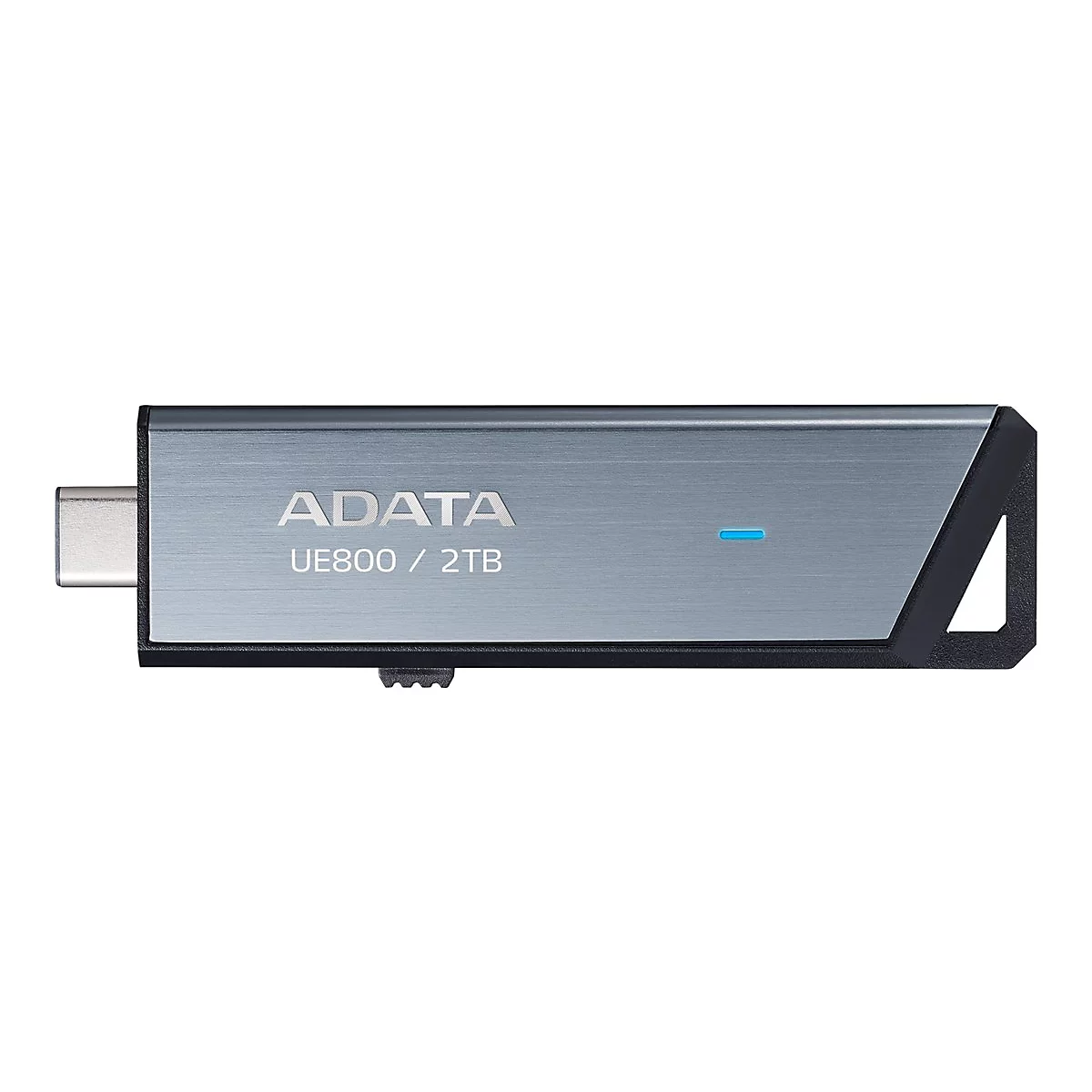 Grauer Adata USB-C Stick UE800 mit 2TB Kapazität vor weißem Hintergrund.