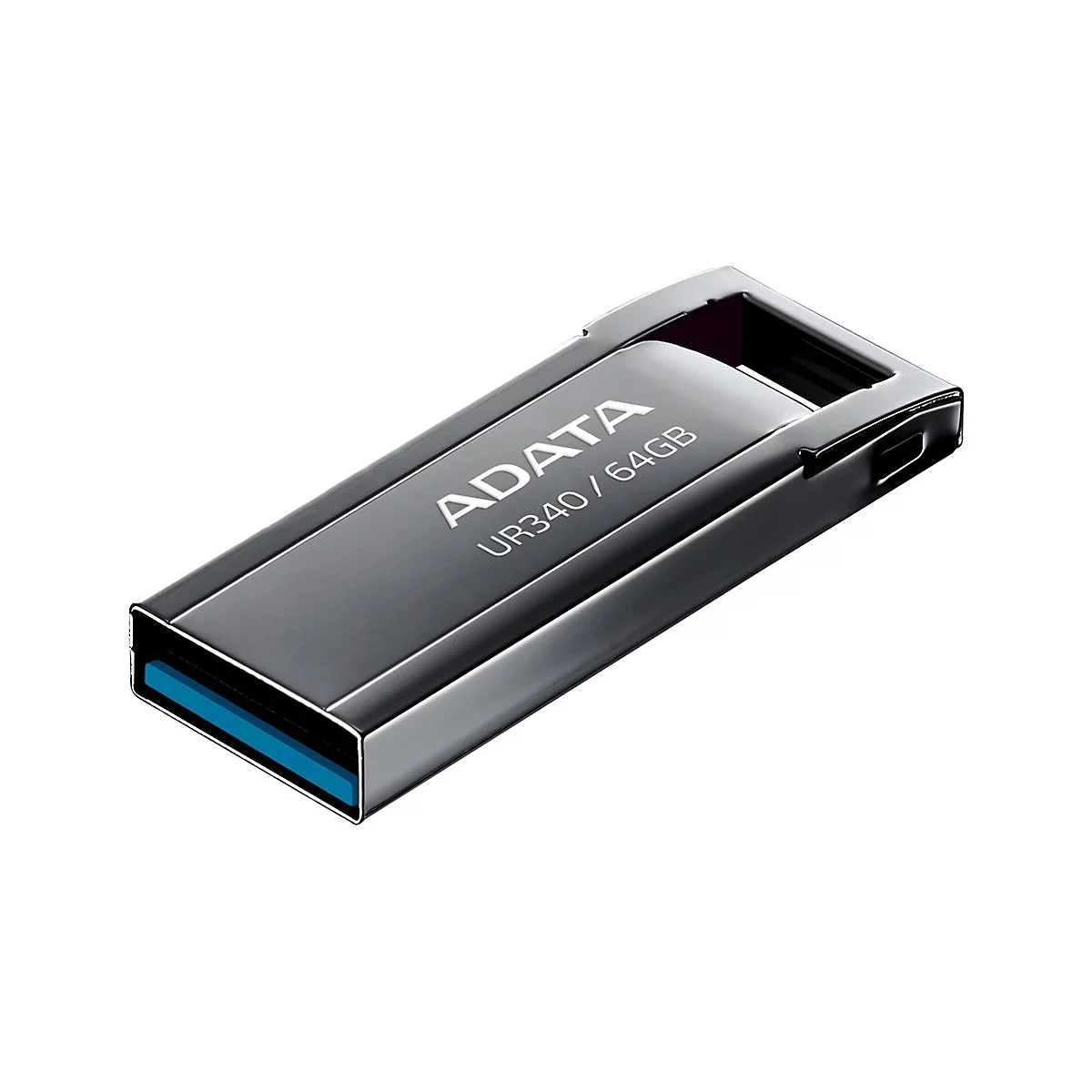 Dunkelgrauer USB-Stick mit der Aufschrift „ADATA UR340/64GB“. Die USB-Buchse ist blau.