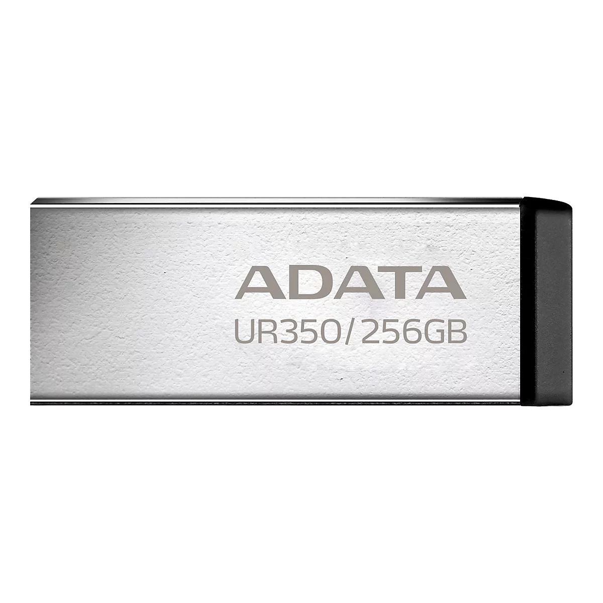 Silberner USB-Stick mit der Aufschrift ADATA UR350/256GB, schwarze Kappe.