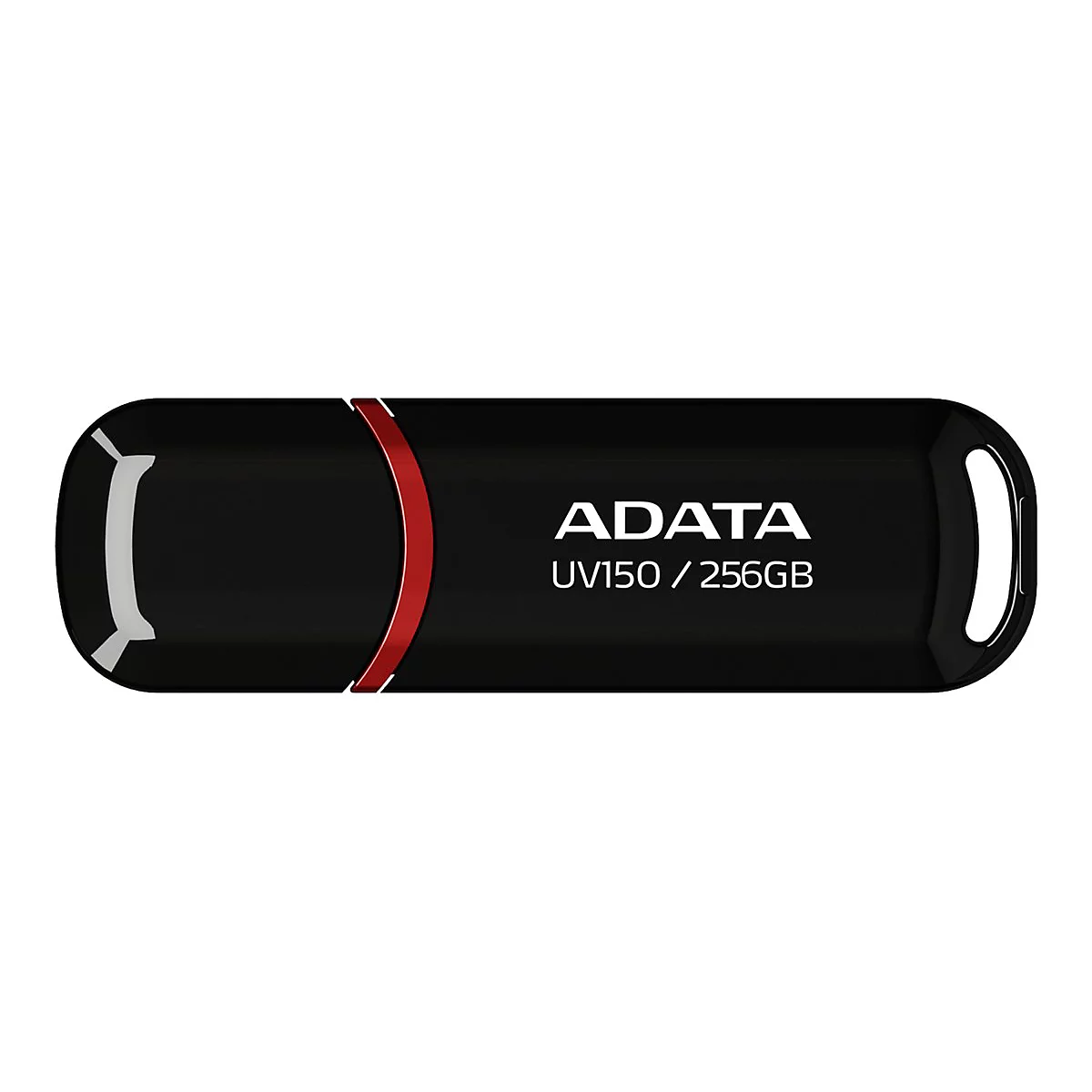 Schwarzer ADATA UV150 USB-Stick mit 256GB Speicherplatz und einem roten Zierring vor weißem Hintergrund.