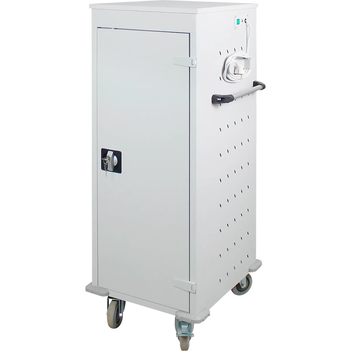 ADB Chariot pour ordinateur portable, 10 compartiments, alimentation électrique, serrure à cylindre, L 530 x P 500 x H 1250 mm, gris clair RAL 7035