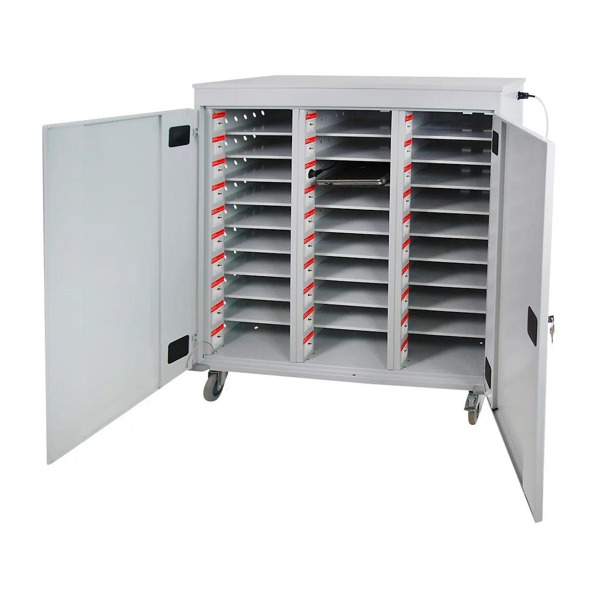 ADB Chariot pour ordinateur portable, 30 compartiments, alimentation électrique, ventilé, serrure à cylindre, 107 kg, L 1200 x P 500 x H 1250, gris clair RAL 7035