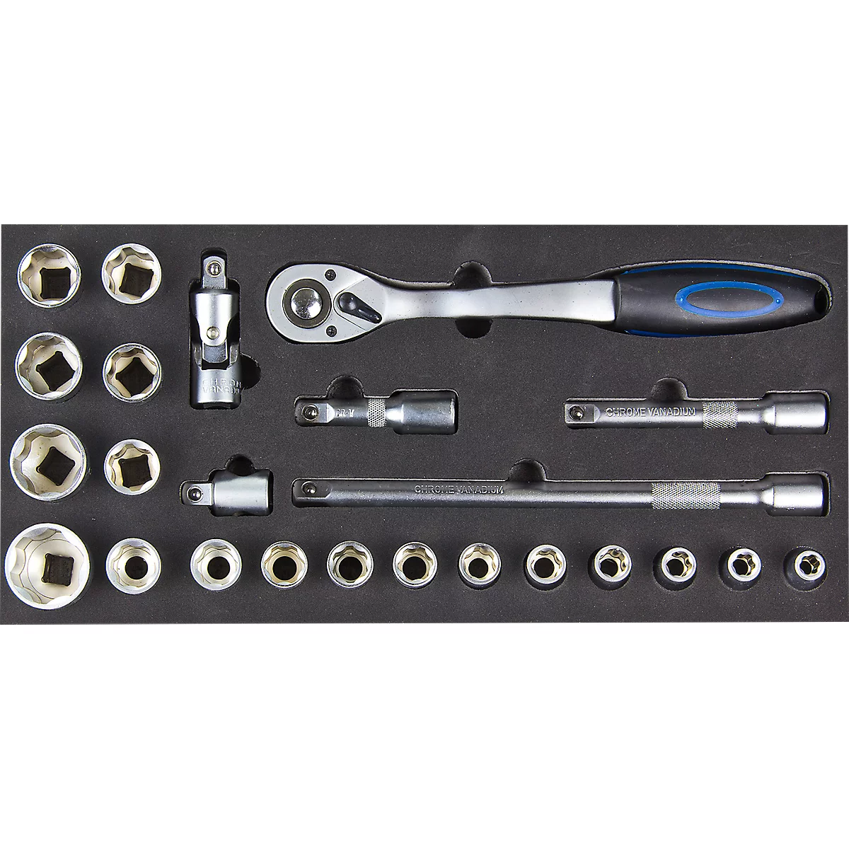 ADB dopsleutelset 1/2', 24-delig, chroom vanadium, SW 10-32, incl. omkeerbare ratel, L 400 x B 190 x H 35 mm