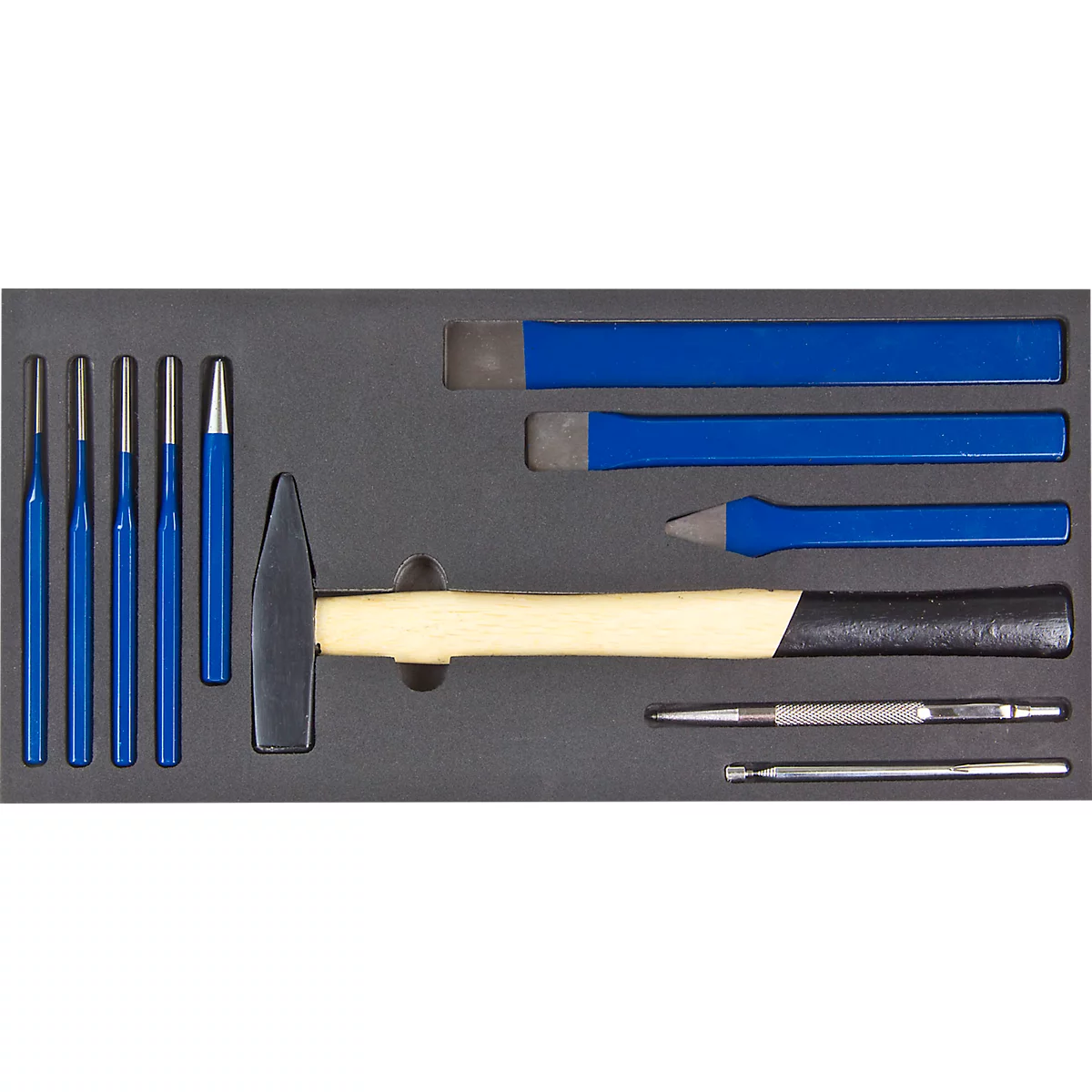 ADB hamerbeitelset, 11-delig, schuimrubberen inzetstuk L 400 x B 190 x H 35 mm, blauw/zwart