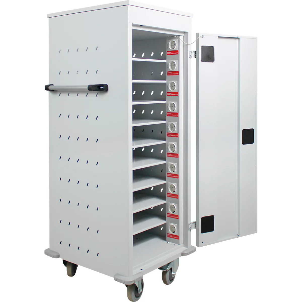 ADB laptop trolley, 10 vakken, voeding, cilinderslot, B 530 x D 500 x H 1250 mm, lichtgrijs RAL 7035