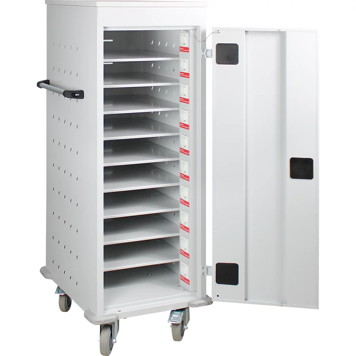 ADB laptop trolley, 10 vakken, voeding, cilinderslot, B 530 x D 500 x H 1250 mm, lichtgrijs RAL 7035