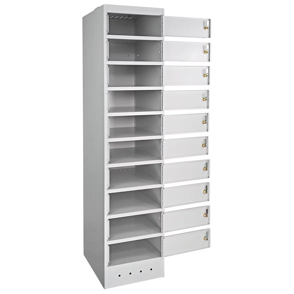 Hoge grijze kast met meerdere vakken, sommige deuren zijn open.