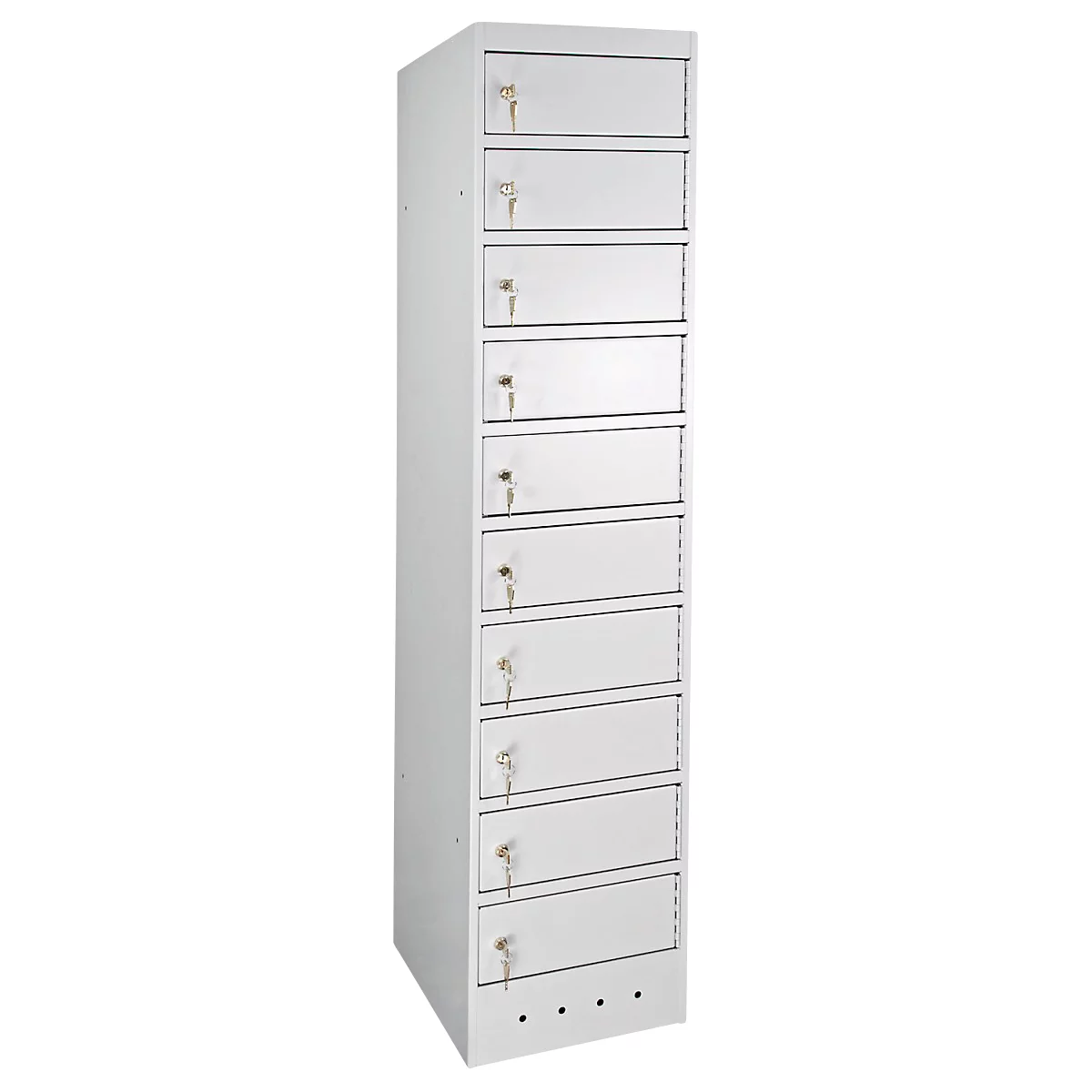 Hoge witte locker met 10 compartimenten en sleutels. Elk compartiment heeft een sleutelgat.
