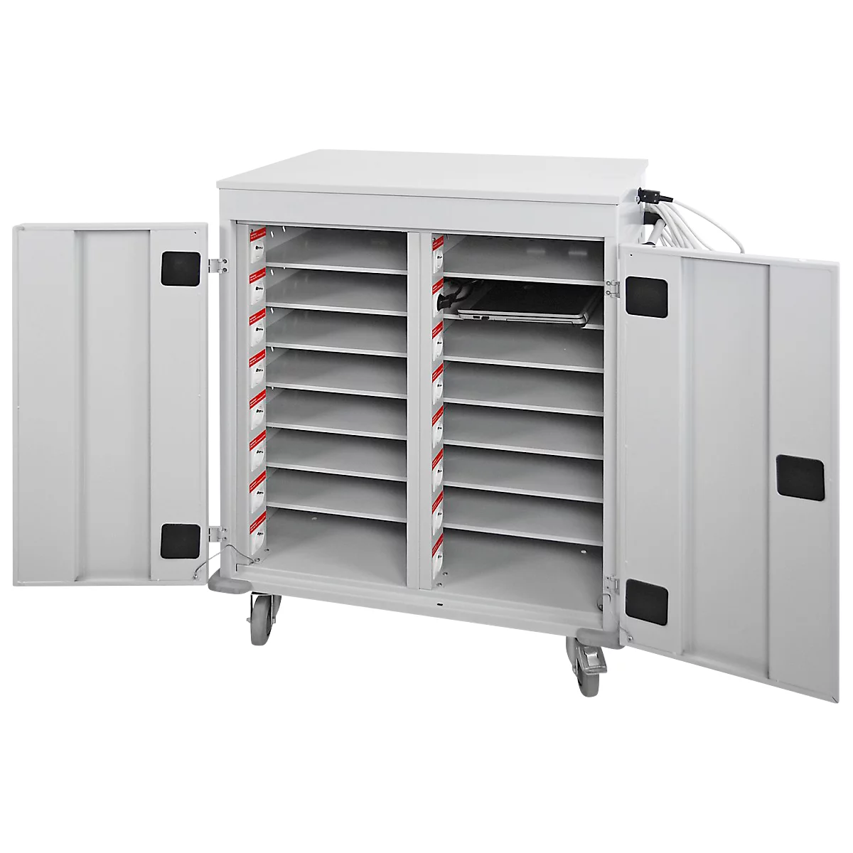 ADB Laptopwagen, 16 Fächer, Stromversorgung, belüftet, Zylinderschloss, 67 kg, B 920 x T 500 x H 1060, lichtgrau RAL 7035