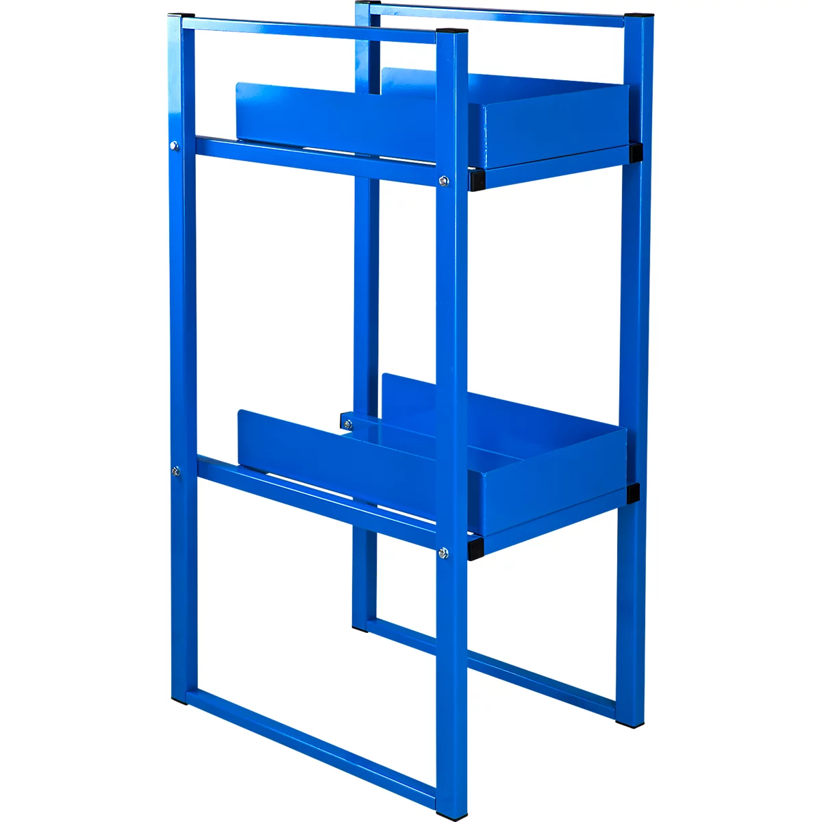 Chariot à outils bleu avec deux étagères, sur fond blanc.