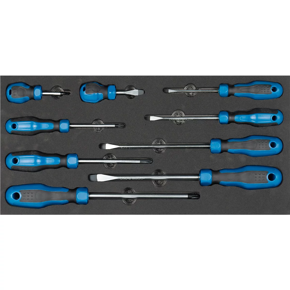ADB schroevendraaierset, 9-delig, sleuf en kruiskop, incl. schuimrubberen inzet, L 400 x B 190 x H 35 mm